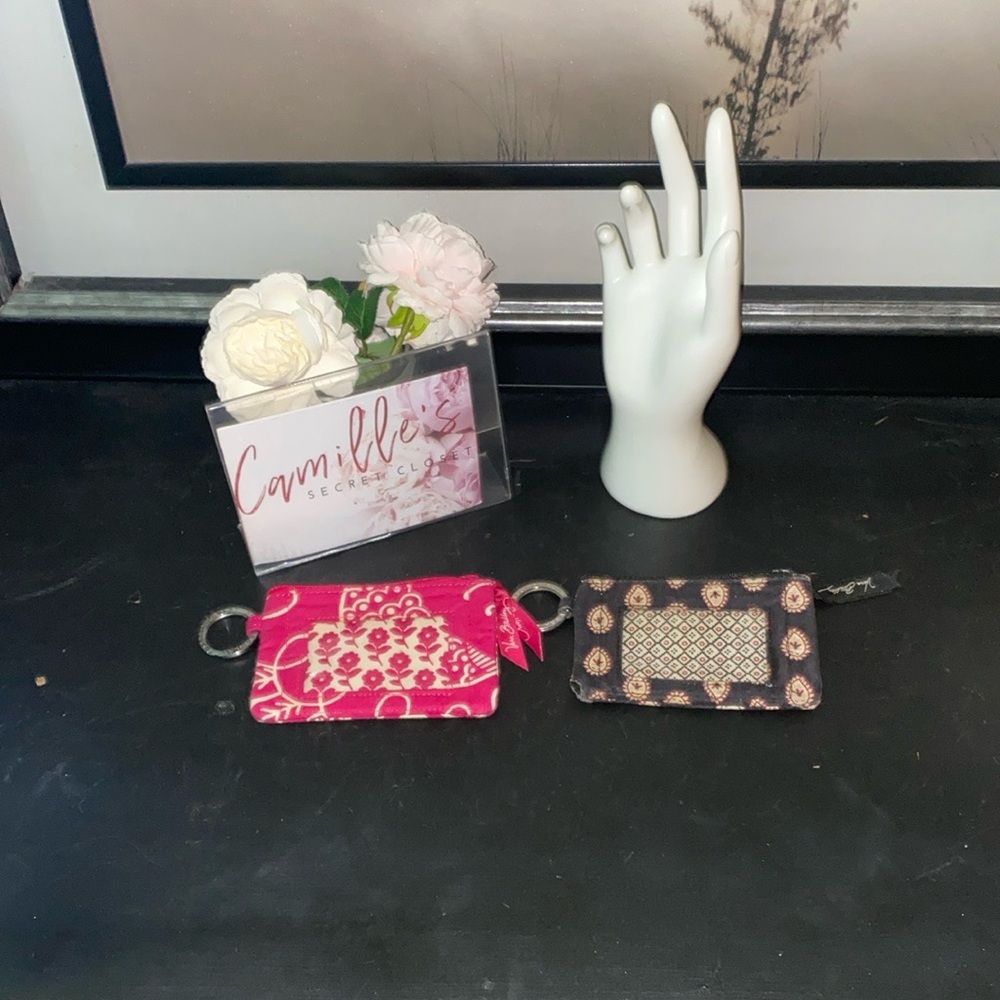 Vera Bradley Pink and Black Patterned ID window and key chain Wallet Set
